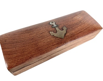 Vintage French Small Wooden Inlaid Anchor Decorative Pencil Pen Jewellery Trinket Box Storage Display Gift Wood c1990's / EVE