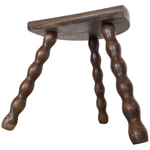 Vintage French D Seat Small Stool Table Wooden Wood Chair Seat Side Stand Flower Pot Display Shelf Bobbin Leg Tabouret Worn c1950-60&#39;s / EVE