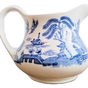 Vintage English Old Willow Design Ironstone Milk Jug Pitcher White Blue Ceramic Ornament Serving Display c1960-70&#39;s / EVE of Europe