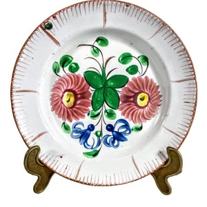 Vintage French Decorative Faience Plate Hand Made Painted Blue Red Green White Gold Flowers Ceramic Dish Display c1930-40&#39;s / EVE