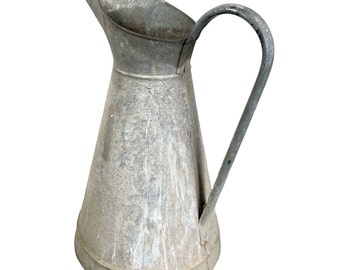 Vintage French Metal Large Grey Galvanised Galvanized Iron Watering Water Jug Can Carafe Pitcher Vase circa 1950-60's / EVE