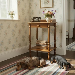 May include: A wooden side table with a drawer, a black rotary phone, and a vase of flowers. Two dachshund dogs are lying on a striped rug in front of the table. The room has floral wallpaper and a framed picture.