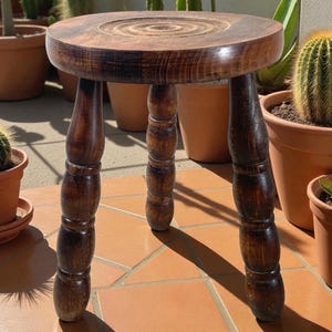 Vintage Stool French Breton Small Wooden Plant Stand Plinth Table Round Tripod Tabouret c1960's / EVE