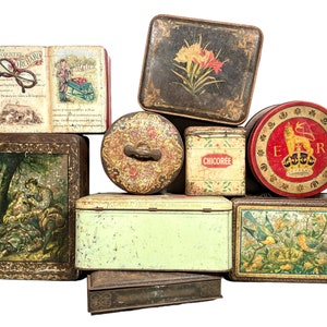 Vintage Antique French Collection Job Lot Of Nine 9 Larger Storage Tins Tin Mixed circa 1920-70&#39;s / EVE