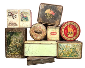 Vintage Antique French Collection Job Lot Of Nine 9 Larger Storage Tins Tin Mixed circa 1920-70's / EVE