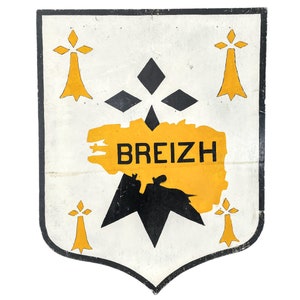 Vintage French Breizh Plaque Shield Coat Of Arms Crest Wooden Wood Sign Display circa 1980&#39;s / EVE