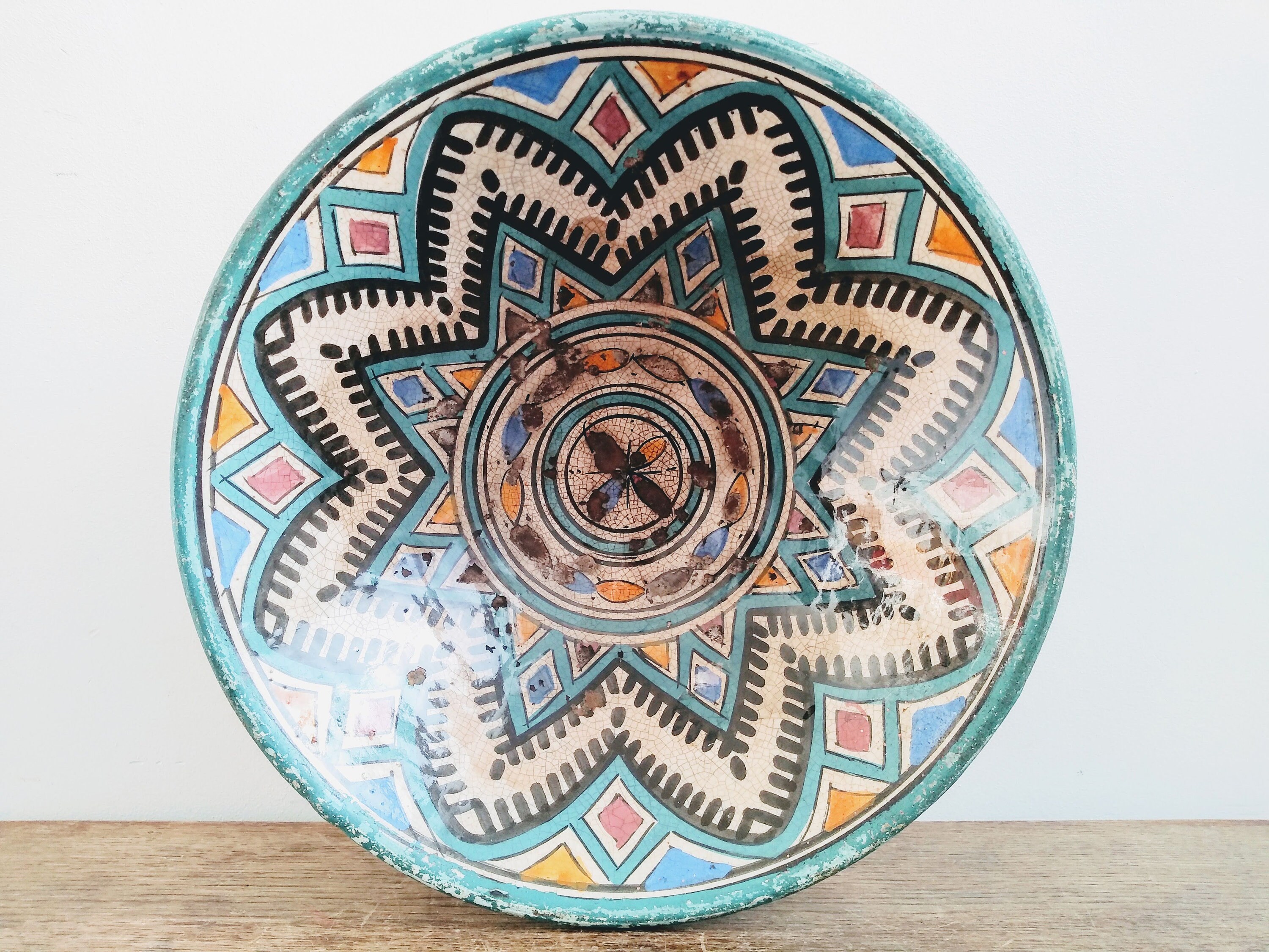 Vintage Moroccan Tunisian Cous Dish Bowl Green Blue Pottery Stoneware Pot Serving Arabian Theme Display Circa 1930-50's/Eve Of Europe