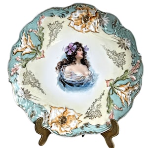 Antique French Decorative Plate Hand Made Painted Lady In Blue White Gold Large Ceramic Dish Display c1910-20&#39;s / EVE