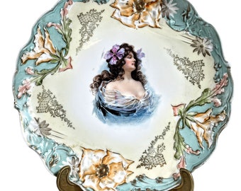 Antique French Decorative Plate Hand Made Painted Lady In Blue White Gold Large Ceramic Dish Display c1910-20's / EVE