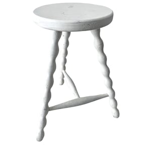 Vintage French Wooden White Medium Milking Stool Chair Seat Kitchen Table Farm Footrest Bobbin Leg Stand Display Step c1970-80&#39;s / EVE