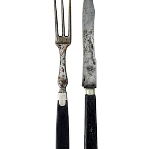 Antique French Large Carving Knife Fork Cutlery Flatware Silverware Ebony Handled Monogram circa 1900&#39;s / EVE