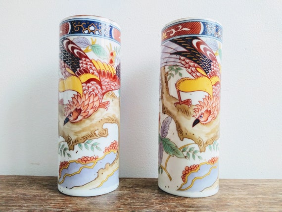 Vintage Chinese Phoenix Bird Of Paradise Pair Of Vases Pots Etsy