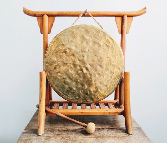 Vintage Asian Wood Prayer Dinner Gong Stand Door Dinner Alarm Bell Knocker Display Prop Chinese Japanese circa 1950-60/'s EVE of Europe