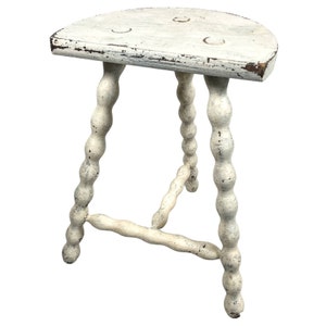 Vintage Stool French Wooden Wood Painted Milking Chair Seat Kitchen Table Farm D Shaped Seat Braced Tabouret c1960-70&#39;s / EVE