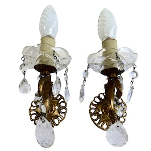 Vintage French Double Electric Lamp Wall Sconce Faux Candle Metal Glass Light Lamps Sconces Lighting Tarnish Patina circa 1950-60&#39;s / EVE