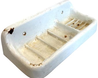 Vintage French Heavy Iron White Enamel Bathroom Kitchen Soap Dish Container Wall Mounted Or Self Standing c1950's / EVE