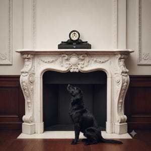 May include: A black Labrador Retriever sits on a wooden floor in front of a white marble fireplace. A black mantel clock with a circular white face and black numerals sits on the top ledge of the fireplace, centered above the hearth opening.