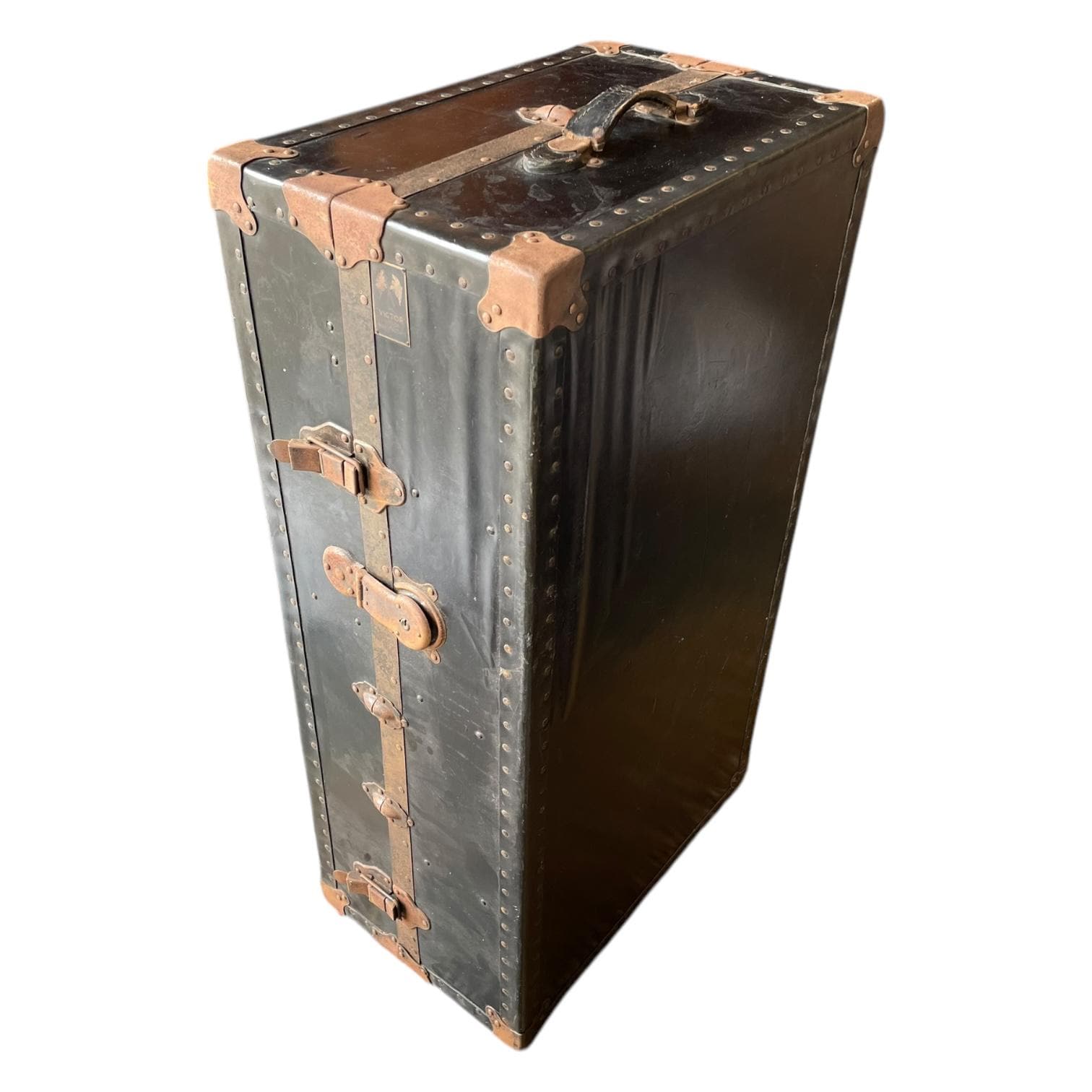 Antique English the Victor Large Travelling Suitcase Leather Metal
