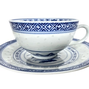 Vintage Chinese Tea Cup Saucer White Blue Rice Grain Pattern Asian Ceramic Ornament Serving Time Display circa 1970-80&#39;s / EVE