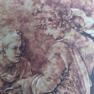 May include: A sepia-toned drawing of two women, one with a head covering and the other with long, curly hair. The women are looking at each other, and their expressions are soft and gentle.