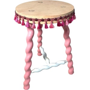 Vintage French Twisty Spiral Medium Stool Refurbished Pink Tassles Rustic Rural Table Wooden Wood Chair Seat Stand Pot c1950-60&#39;s / EVE