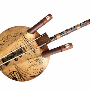 Vintage African Decorative Banjo Guitar Percussion Musical Instrument Sea Shell Gourd Calabas Cowry circa 1990&#39;s / EVE of Europe
