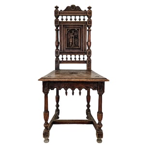 Antique Chair French Brittany Man Carved Panel dining table office seat seating tabouret decor DAMAGED circa 1900&#39;s / EVE