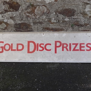 Vintage English Blackpool Tower Gold Disc Prizes Hand Painted Retail Games Wooden Sign Notice Commercial circa 1970-80's / EVE of Europe