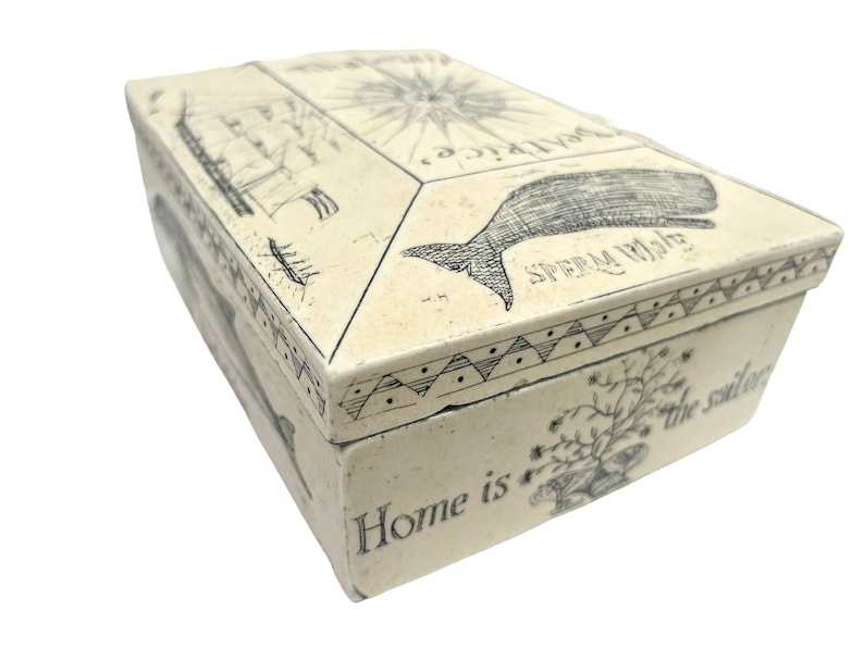 Vintage English Scrimshaw Resin Faux Fake Whale Whaleship Beatrice Home Is The Sailor Trinket Box Jewellery Storage circa 1980-90's / EVE image 1