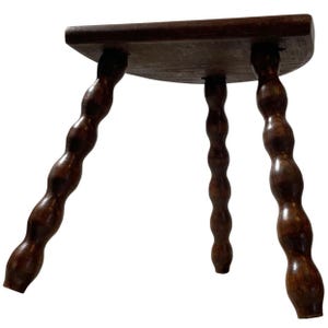 Vintage French Tripod Stool Chair Seat Varnished Wood Milking D Shaped Seat Bobbin Leg Rest Stand Plinth Tabouret Farmhouse c1960-70&#39;s / EVE
