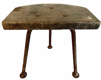 Vintage French Small Milking Stool Wooden Rusty Metal Step Chair Seat Kitchen Industrial Commercial Genuine circa 1950-60's / EVE