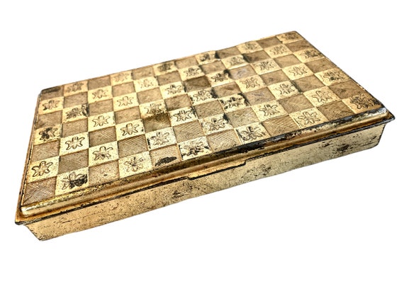 Vintage French Gold Coloured Metal Small Rectangular Lidded Presentation Box Case Jewellery Trinket Dish Pot Pill c1960-70's / EVE