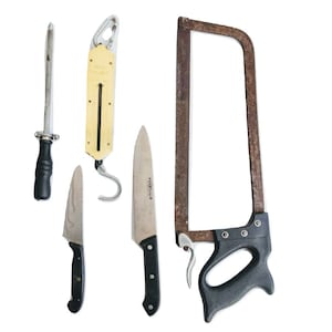 Vintage French Butcher Meat Tool Knife Saw Sharpener Hanging Decor Rustic Kitchen Tools Commercial Shop circa 1980-90&#39;s / EVE of Europe