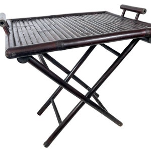 Vintage French Wooden Canework Table Folding Garden Camping Side Stand Serving Tray On Stand circa 1950-60's / EVE