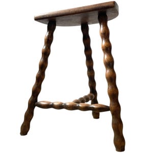 Vintage French Tripod Stool Chair Seat Wooden Milking Kitchen D Shaped Seat Braced Bobbin Leg Rest Stand Plinth Tabouret c1960-70&#39;s / EVE