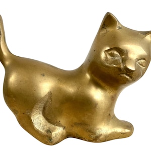 Vintage French Brass Crouching Cat Kitten Ornament Figurine Metal Desktop Desk Mantlepiece gift c1970-80&#39;s / EVE