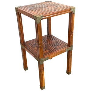 Vintage French Canework Bamboo Side Table Plant Stand Wooden Square Shaped Double Shelf Rest Plinth Tabouret c1970&#39;s / EVE
