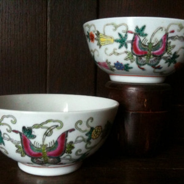 Vintage Chinese Butterfly Bowls Rice Noodle circa 1950's / EVE of Europe