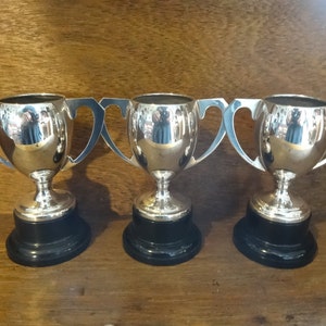 Vintage English EPNS Silver Plated Metal Trophy Cup Un-Engraved Award Prize Trophies Trio circa 1960-70&#39;s / EVE of Europe