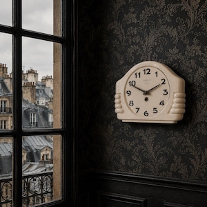 May include: Cream-colored wall clock with black numerals and hands. The clock has a rectangular shape with rounded edges and a decorative design on the sides. It is mounted on a dark floral wallpapered wall, near a window with a view of a city.