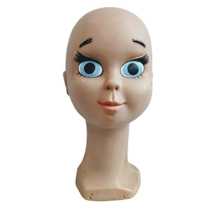 Vintage Bald Large Blue Eyed Lady Young Woman Girl Mannequin Head No Hair Wig Rubber Plastic circa 1980&#39;s / English Shop