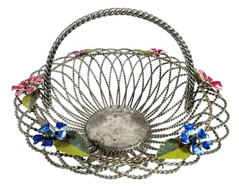 Vintage French Silver Twisted Wire Metal Decorative Flowers Display Basket Bowl Dish Ornament Decorative Container circa 1960-70's / EVE