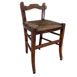 Vintage French Brown Wood Wooden Woven Strung Raffia Half Back Chair Rest Seat Display Stand Tabouret circa 1930-40&#39;s / EVE