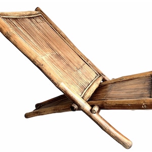 Vintage Asian Bamboo Deck Chair Sun Lounger Natural Weathered Chaise Longue Foldable Beach Garden Carry On circa 1980-90’s / EVE of England