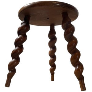 Vintage French Tripod Plant Stand Plinth Varnished Wood Round Top Twisty Spiral Leg Rest Tabouret Farmhouse c1970&#39;s / EVE