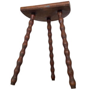 Vintage French D Seat Small Stool Table Wooden Wood Chair Seat Side Stand Flower Pot Display Shelf Bobbin Leg Tabouret Worn c1950-60&#39;s / EVE