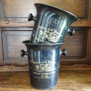 Vintage French Chateau De La Guipiere Muscadet Champagne ice bucket bar decor cooler black plastic pair circa 1980-90&#39;s / EVE of Europe