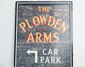 Vintage English Original Heavy Wooden Large Plowden Arms Car Park Bar Handpainted Pub Sign External Outside circa 1980-90's / EVE of Europe