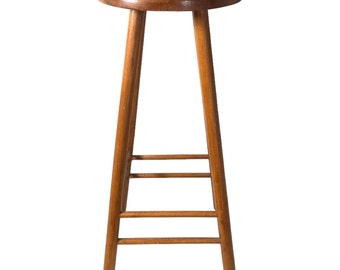 Vintage French Tall Stool Chair Seat Wooden Kitchen Round Shaped Seat Braced Leg Plant Rest Stand Plinth Tabouret c1970's / EVE