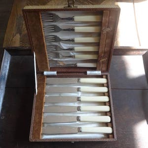 Può includere: Una custodia in pelle marrone con fodera in velluto contiene un set di coltelli e forchette d'argento. La custodia è aperta e i coltelli e le forchette sono disposti in file.